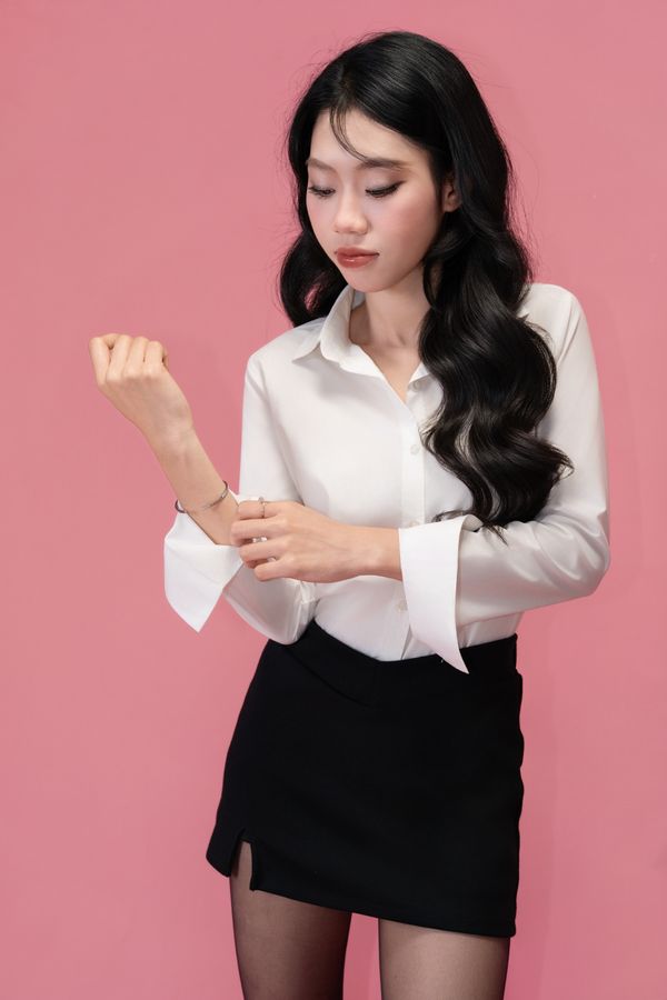 Black Satin Slip Skirt and White Shirt