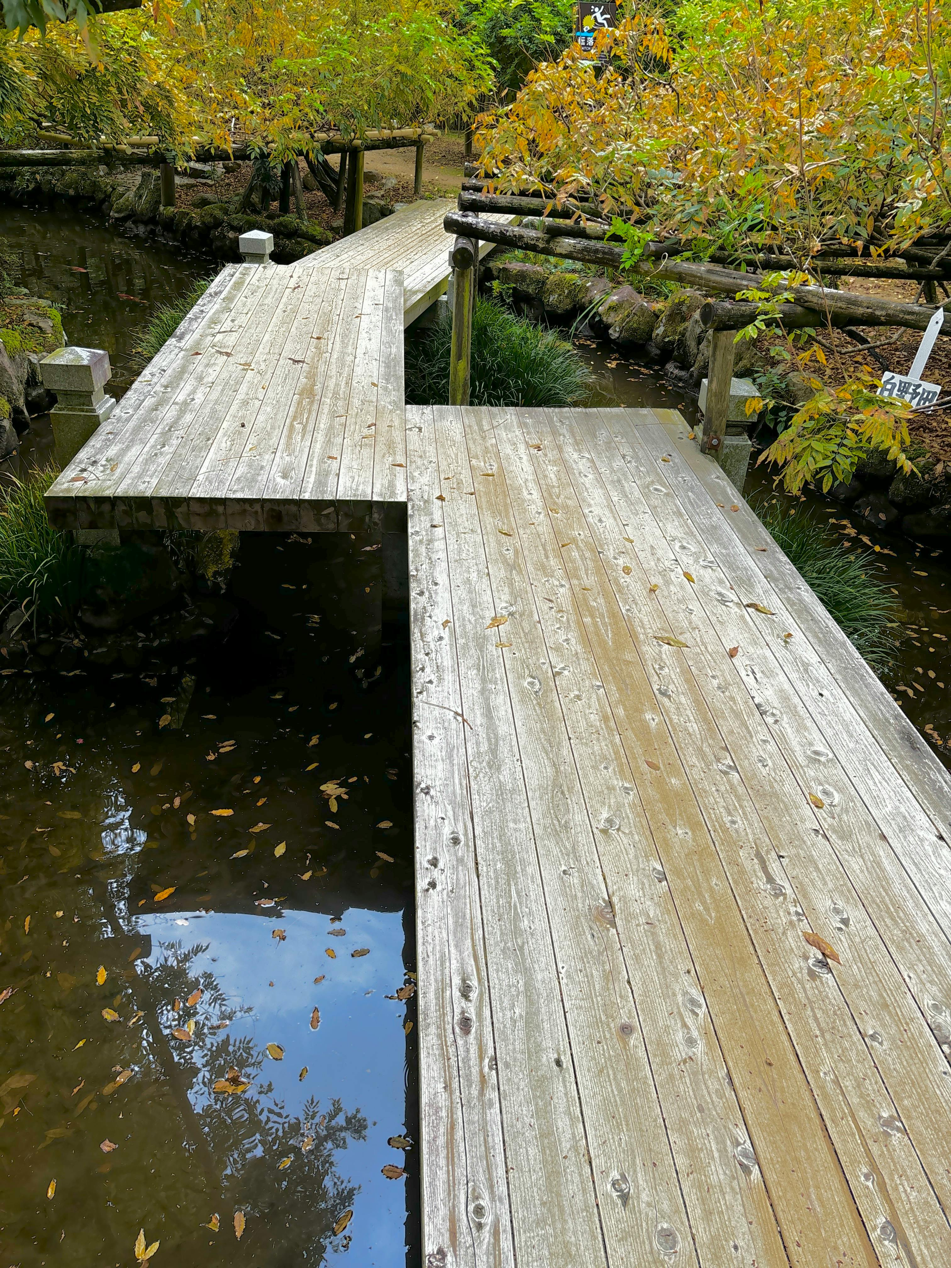 Gratuit Scenă senină de toamnă cu o pasarelă de lemn peste un iaz reflectorizant, înconjurată de frunziș. Fotografie de stoc