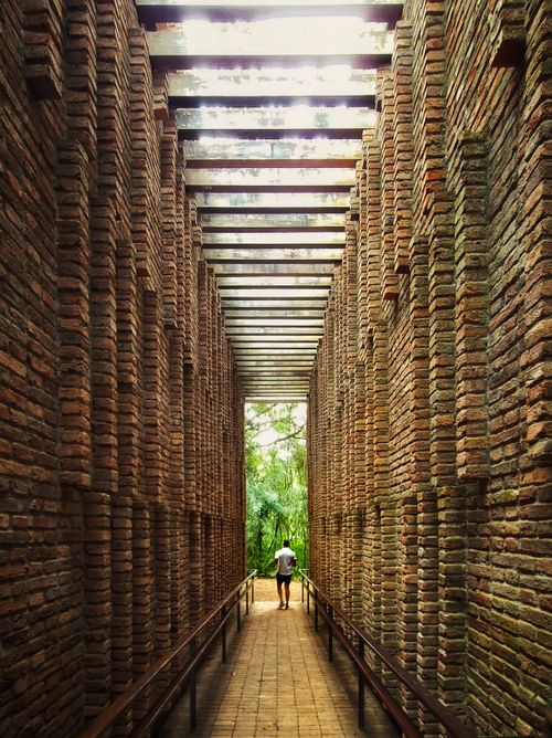 Free Man walking through brick corridor in lush Minas Gerais forest. Stock Photo