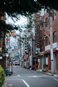 Quaint street view of a Japanese city with signs, shops, and urban architecture.