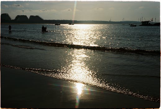 Silhouetted figures wade in water as the sun sets over a calm beach.