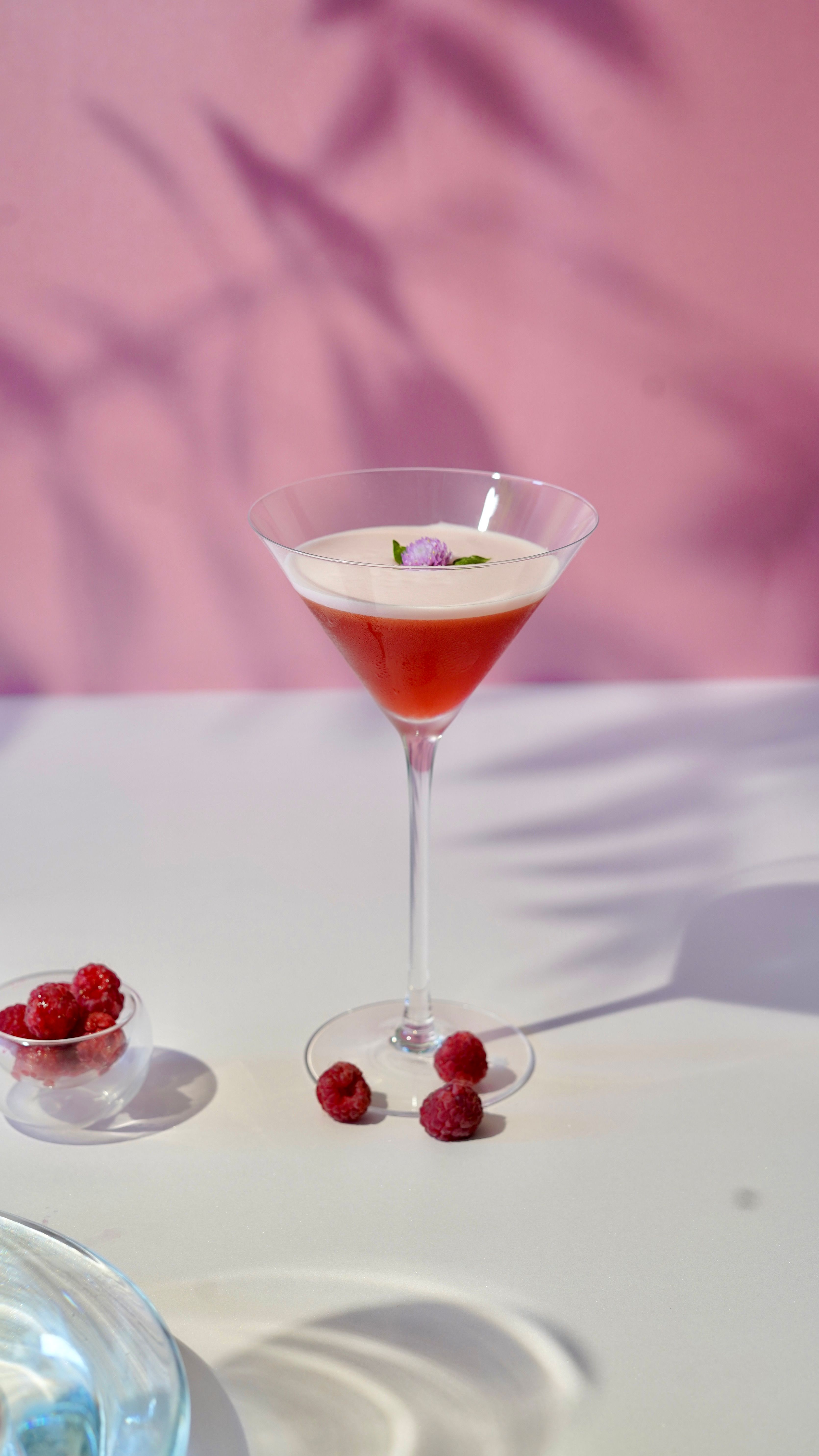 A pale pink French Martini in a chilled coupe glass, foam on top from shaken pineapple juice, with three raspberries skewered on the rim.