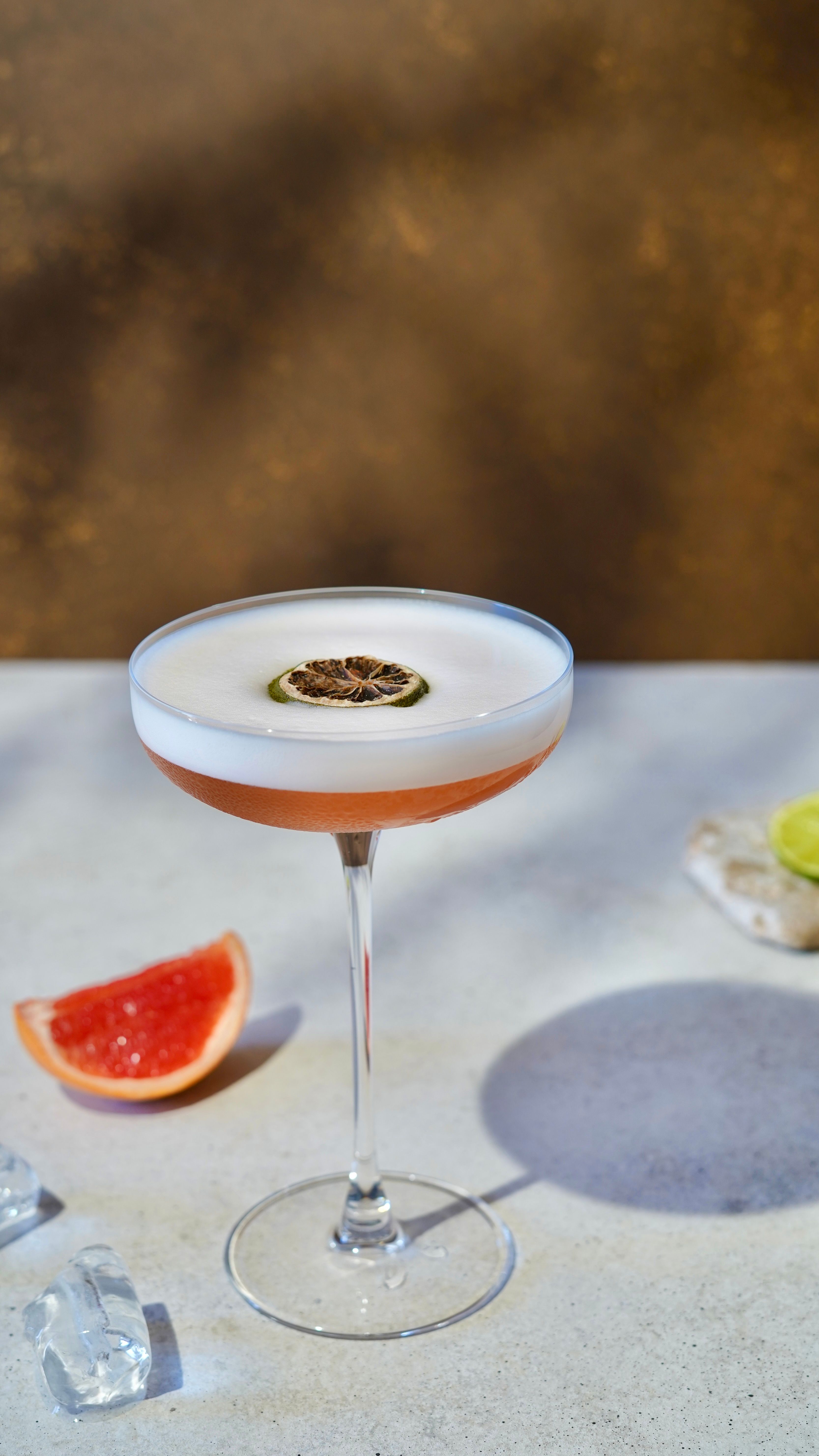 Sophisticated cocktail featuring dried lime slice, with grapefruit and ice on a light surface.