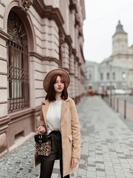 一位戴着帽子、穿着外套的时尚女士漫步在拥有经典建筑的城市街道上