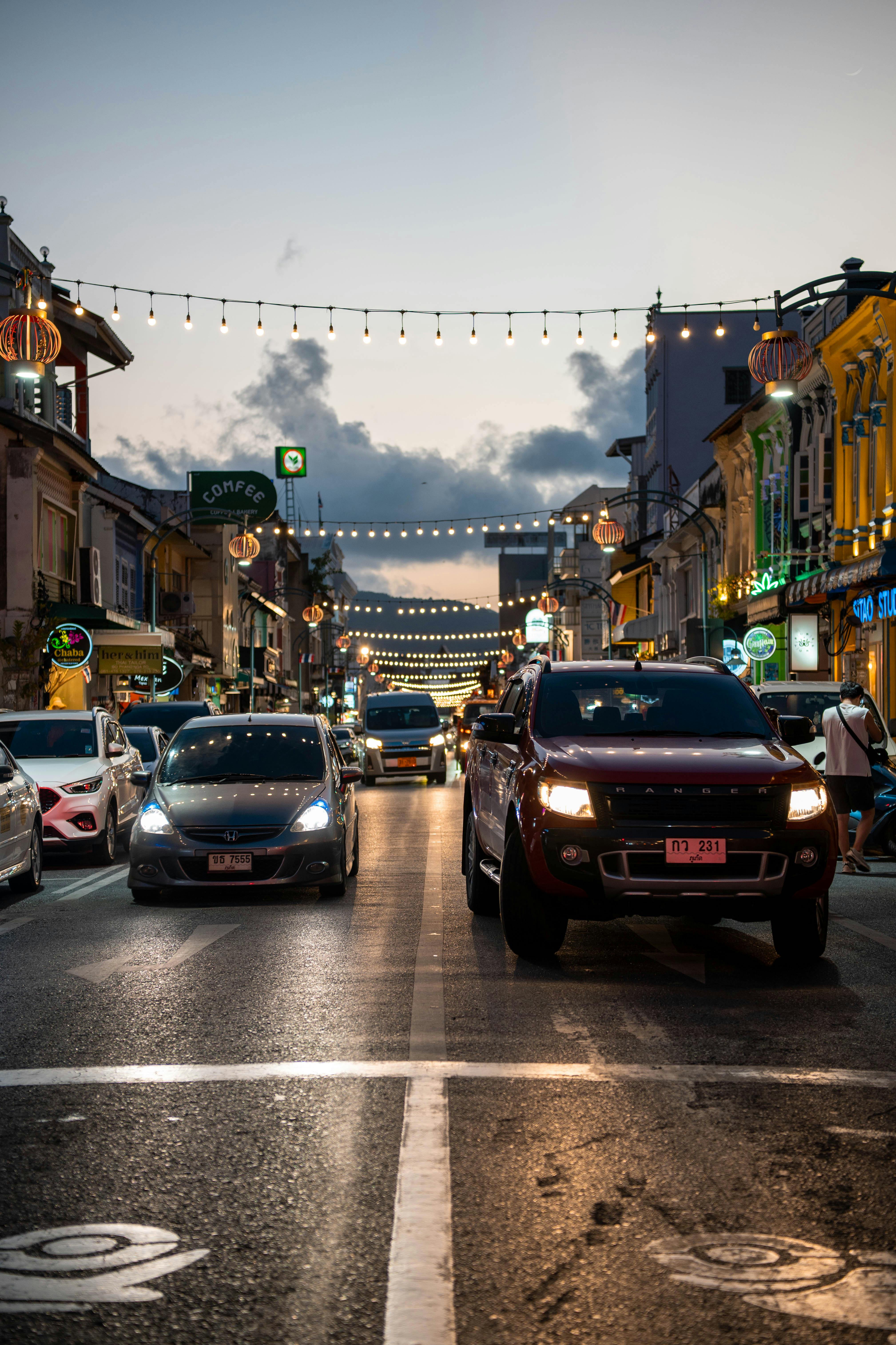 Colourful evening street scene in Old Phuket Town.