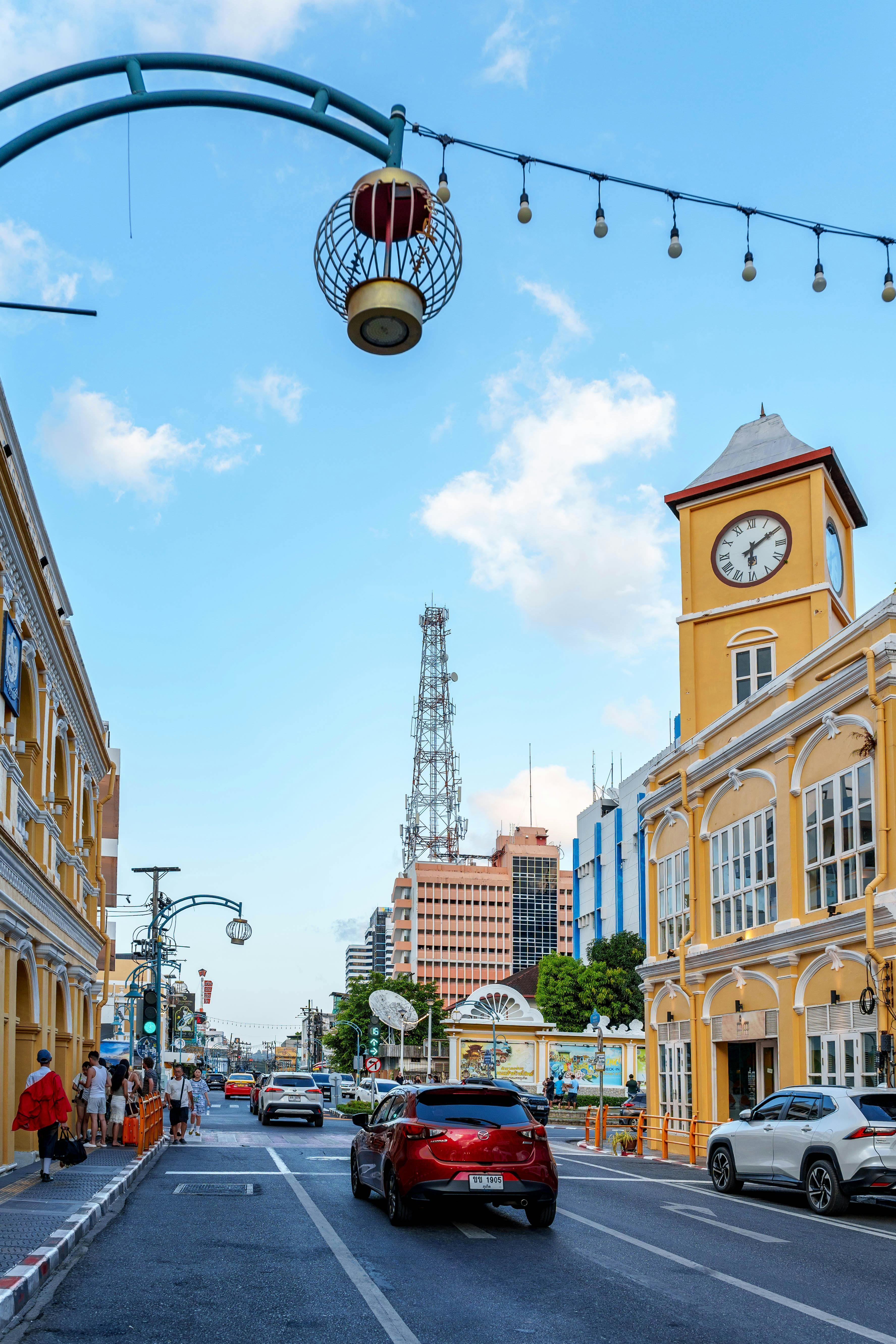 vibrant street scene with historic clock tower
