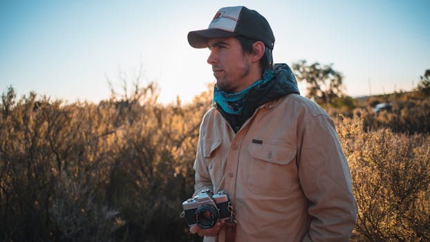 在一个阳光明媚的日子，男子身着休闲装，拿着模拟相机站在户外