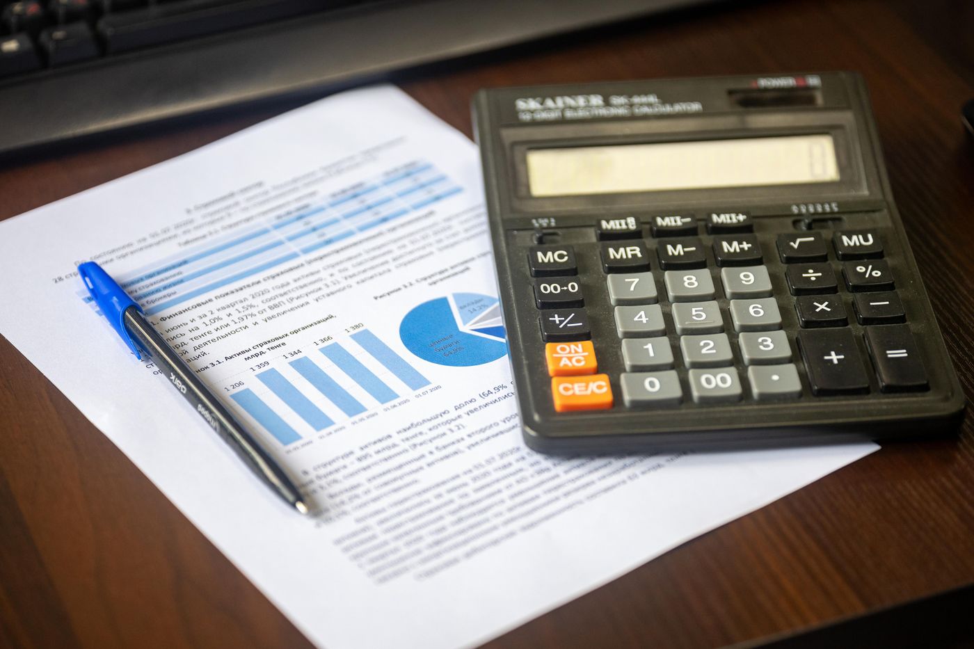 Calculator and financial report on a clean office desk