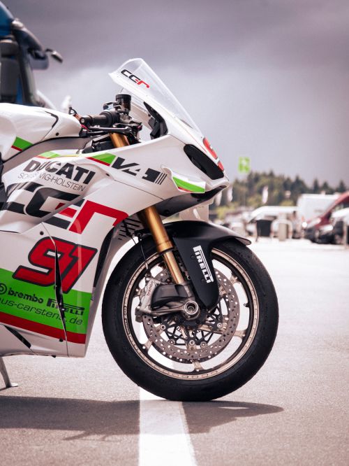 Free Close-up of a Ducati racing bike at Nürburgring, showcasing sleek design and performance. Stock Photo