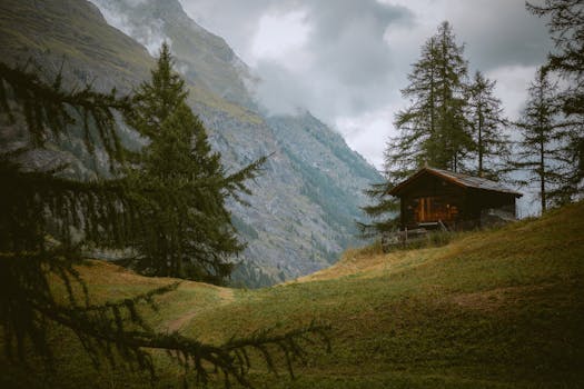 Picturesque wooden cabin in the tranquil Swiss Alps, surrounded by misty mountain scenery.