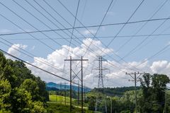 Overhead power lines crossing a lush green landscape under a bright summer sky.