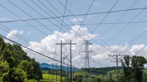 Overhead power lines crossing a lush green landscape under a bright summer sky.