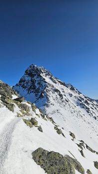 Scenic view of a snow-covered mountain peak with a clear blue sky, ideal for winter travel inspiration.