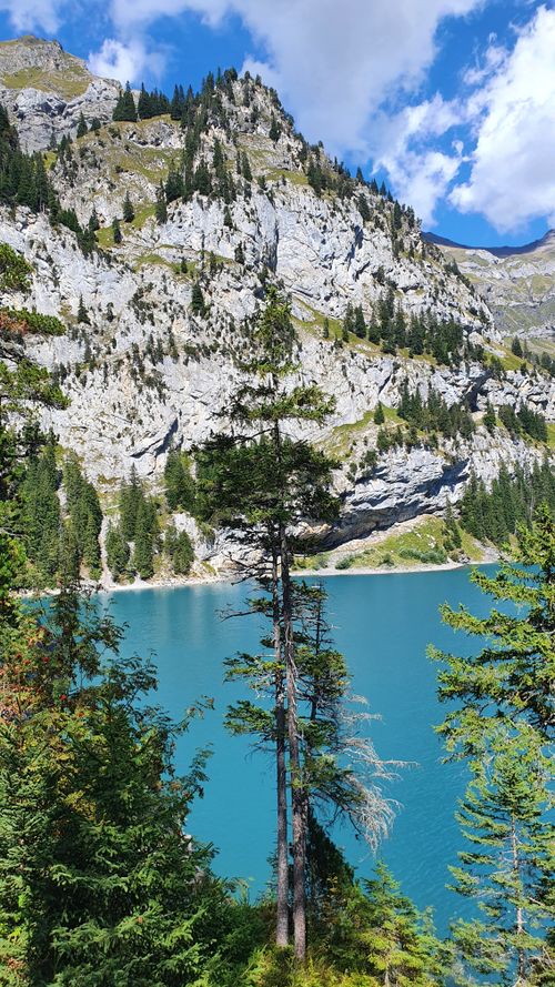 Free Serene mountain lake surrounded by lush forest and rocky cliffs under a blue sky. Stock Photo