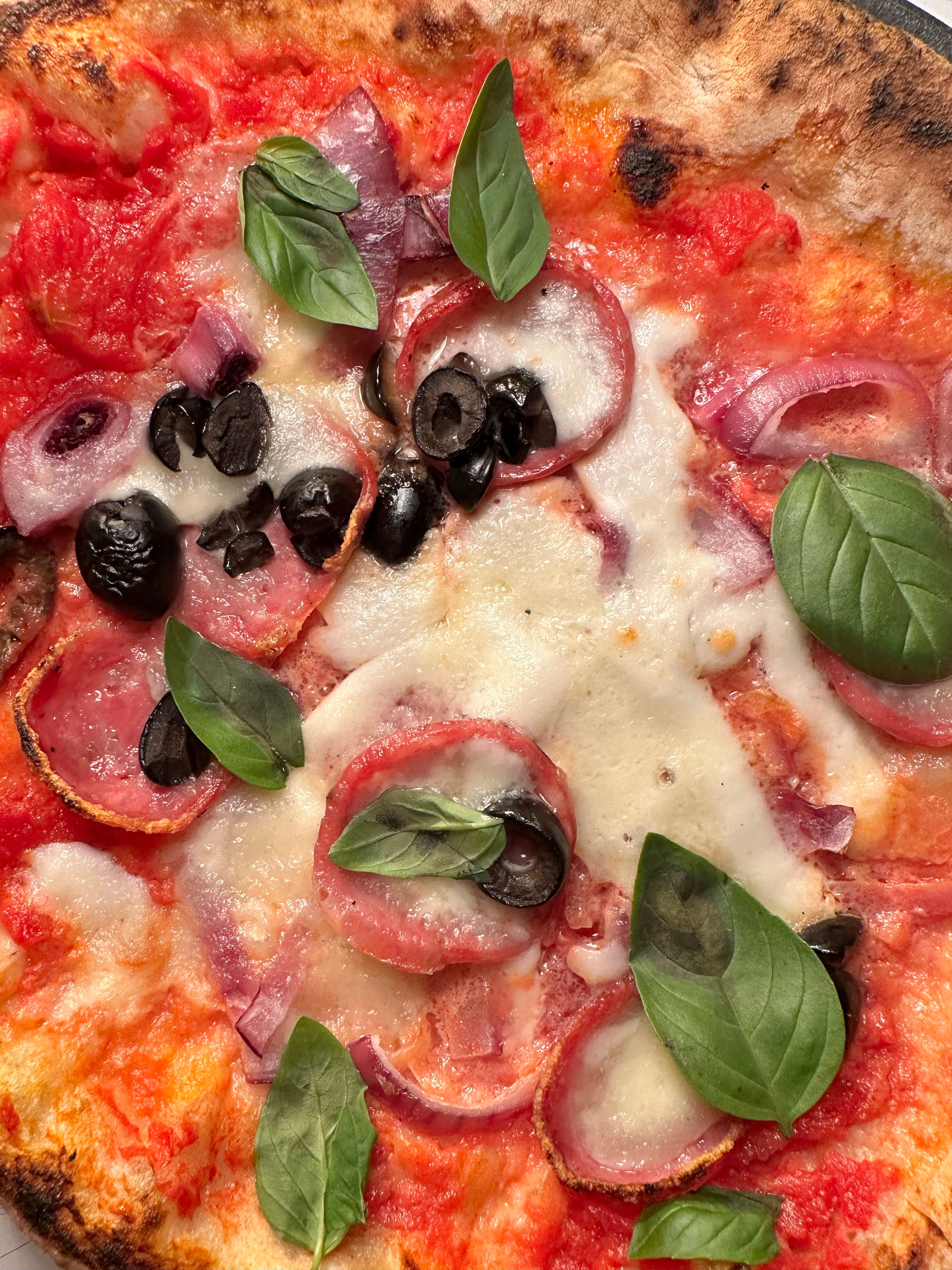 Ilmainen Herkullinen italialainen pizza, jonka päällä on tuoretta basilikaa, oliiveja ja juustoa. Kuvapankkikuva