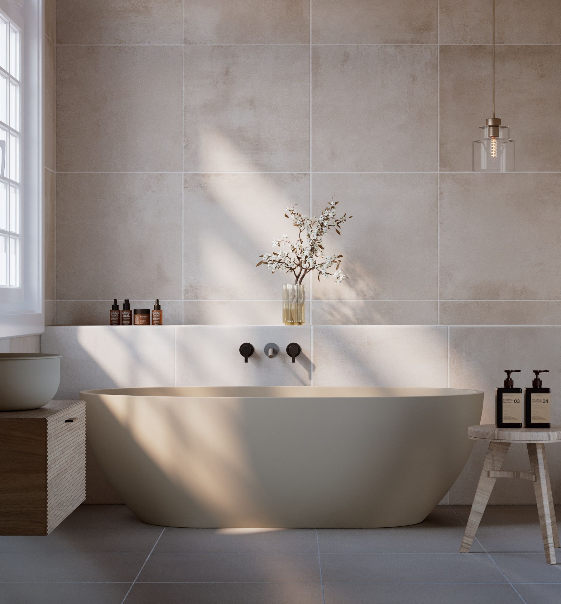 Minimal modern bathroom with restrained fixtures, natural light and a calm standardized material palette