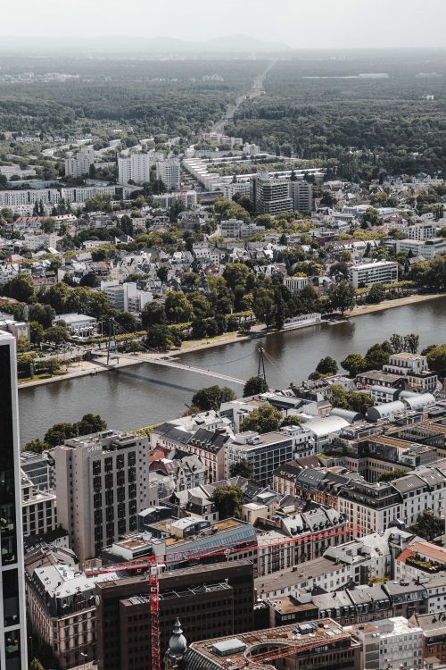 Free Aerial shot of Frankfurt showcasing urban architecture along the Main River. Stock Photo
