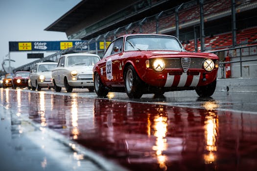Vintage cars lined up on a wet race track on a rainy day, showcasing classic design.