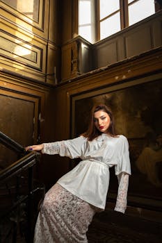 Stylish woman poses in elegant attire within a historic staircase with rich architectural details.
