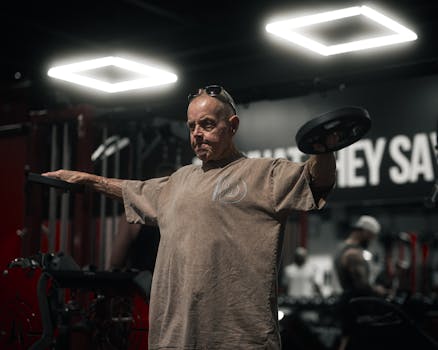A senior man performs weightlifting exercises inside a dimly lit gym.