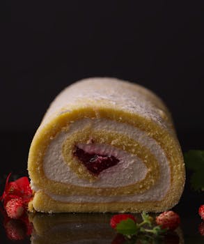Close-up of a Swiss roll with strawberry filling on a dark background.