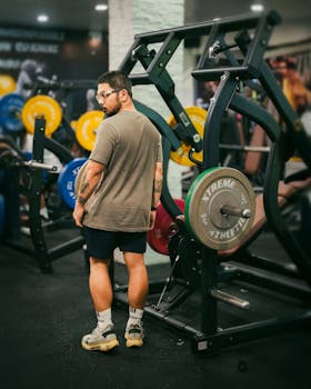 Adult male athlete in gym with weightlifting machine, focused and ready for workout.