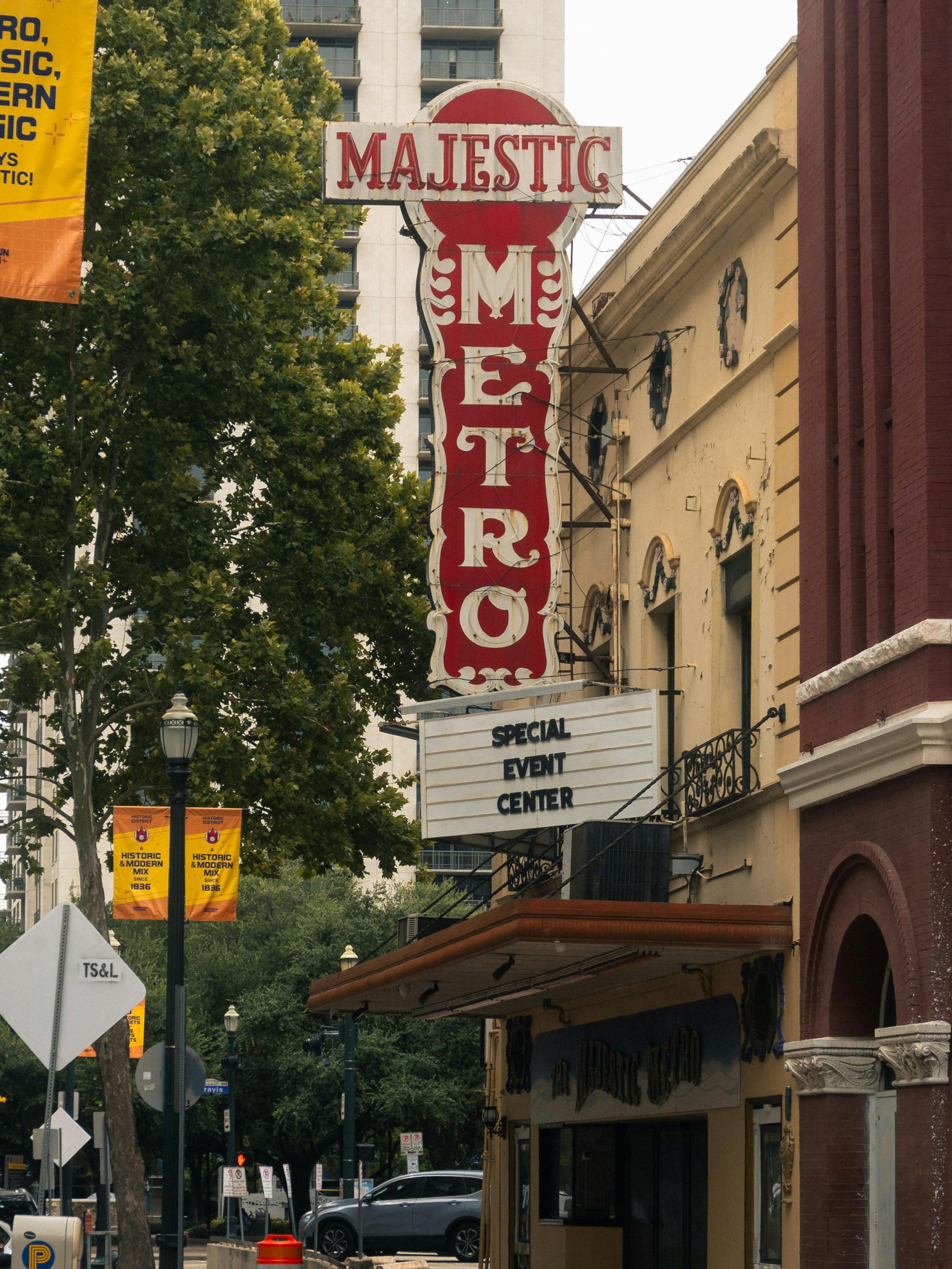 Free Classic Majestic Metro sign and architecture in downtown Houston, Texas, USA. Stock Photo
