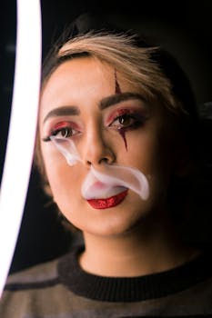 Close-up portrait of a person with bold makeup and smoke effect, creating a dramatic atmosphere.