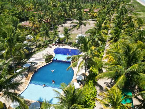Free Aerial shot of a tropical resort featuring swimming pools and lush palm trees, perfect for a summer getaway. Stock Photo