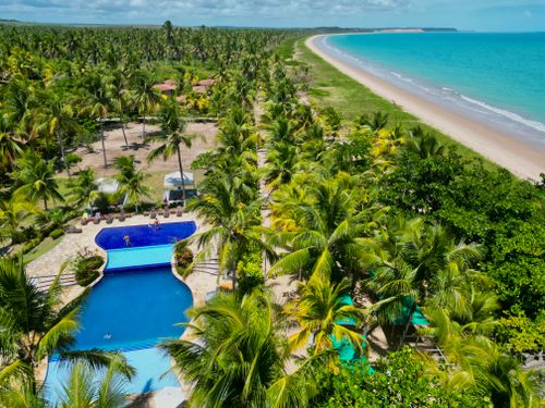 Free Aerial photo featuring a tropical poolside at a lush beachfront resort with palm trees and pristine ocean. Stock Photo