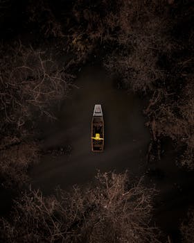 无人机拍摄到一艘孤船在幽暗的水面上航行，四周环绕着无叶的树木，营造出一种阴郁的氛围