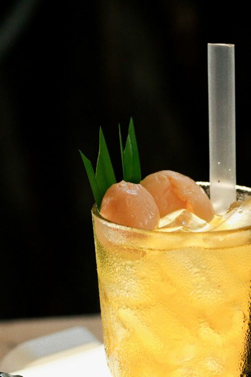 Free Chilled lychee cocktail in glass with ice, garnished with a straw and greenery. Stock Photo