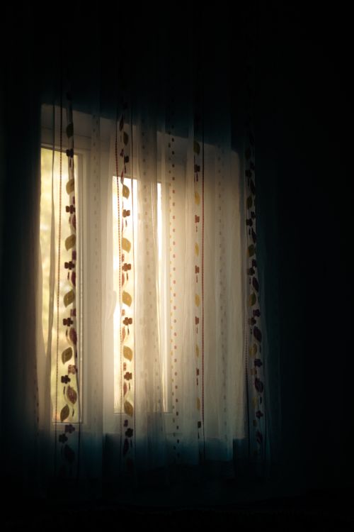 Free Soft morning light filters through floral patterned curtains, creating a serene indoor ambiance. Stock Photo