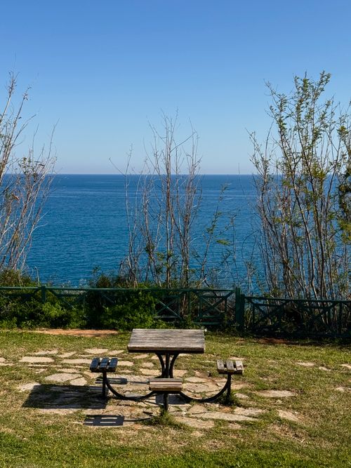 Free Tranquil seaside picnic area offering a peaceful view of the ocean on a sunny day. Stock Photo