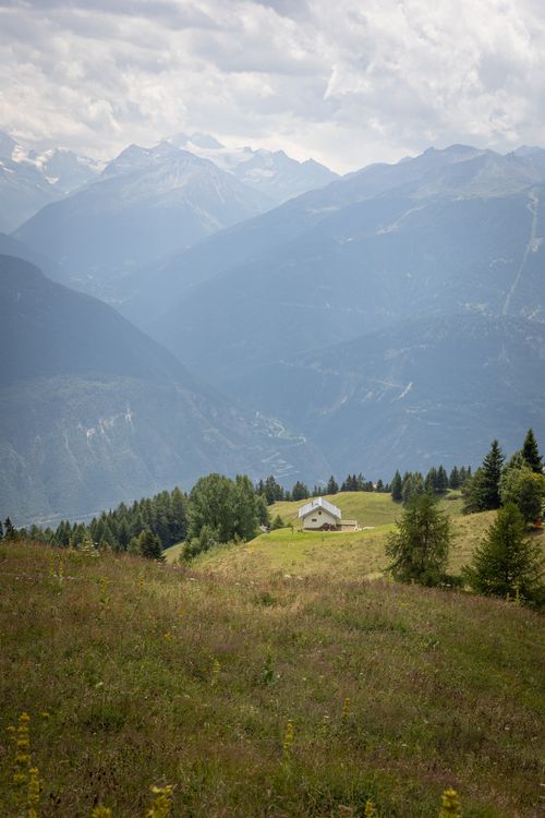 Free Breathtaking view of the Swiss Alps in Valais, showcasing a tranquil countryside scene with lush greenery. Stock Photo
