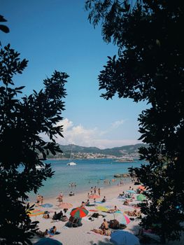 A vibrant summer beach scene framed by lush trees, featuring umbrellas and visitors enjoying the sun.