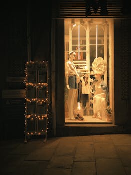 Stylish nighttime window display of a fashion boutique with mannequins and warm lighting.