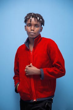 Portrait of a young man in a red jacket against a vibrant blue backdrop.