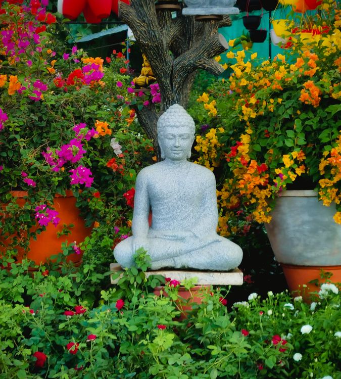 Serene Buddha Statue Surrounded by Vibrant Flowers · Free Stock Photo