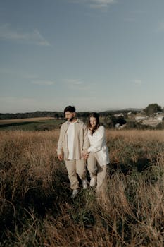 A serene view of a couple strolling through a sunny field, embracing nature.