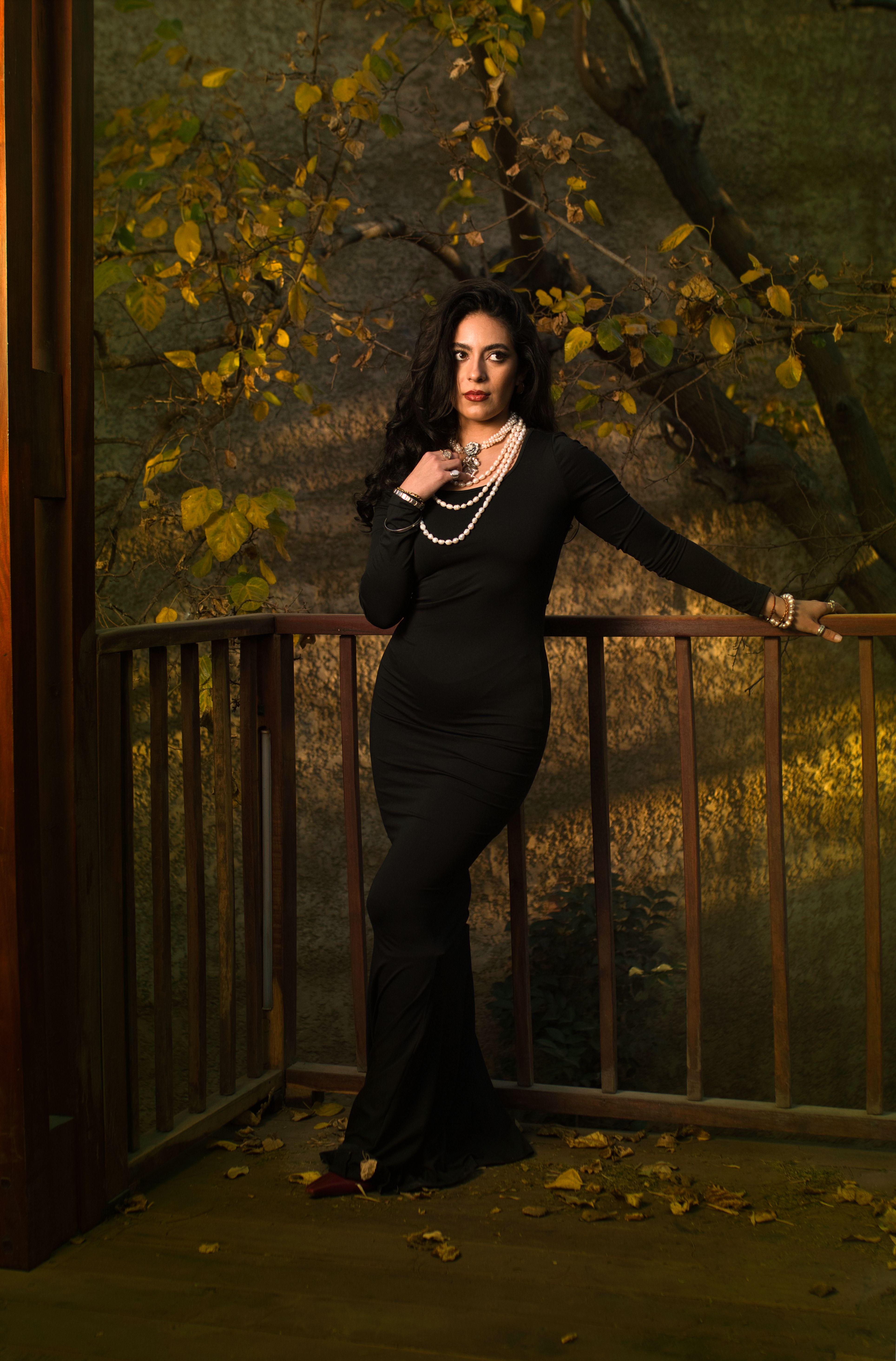 Woman in Black Strapless Long Dress Standing Beside Brown Tree with Lights   Free Stock Photo