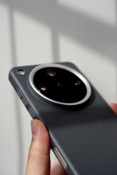 Close view of a sleek smartphone held in hand showing dual camera system.
