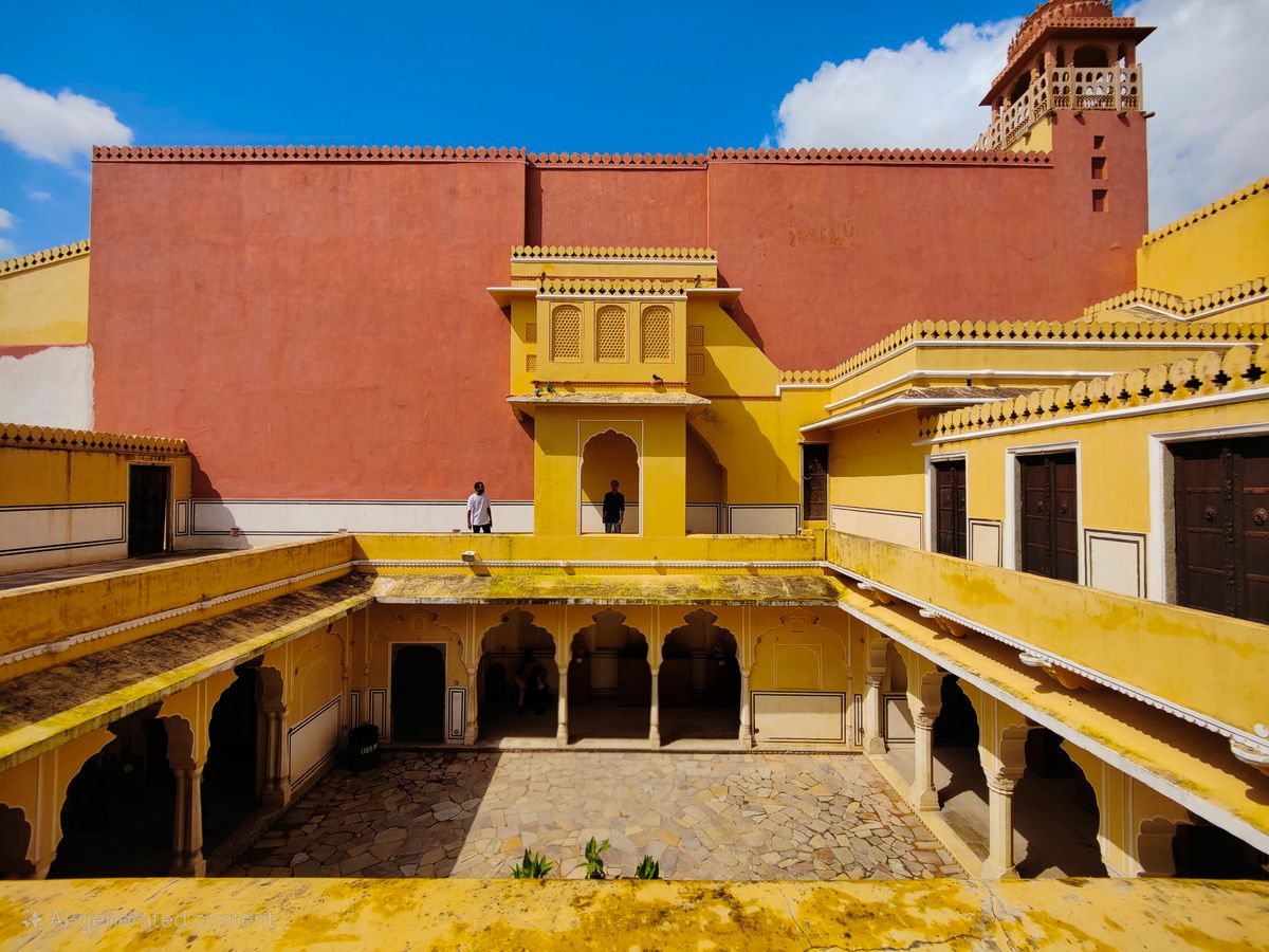 Colorful Jaipur City Palace courtyard and Rajasthani architecture
