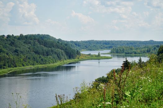 Beautiful summer landscape showcasing a tranquil river surrounded by lush greenery in Pskov, Russia.