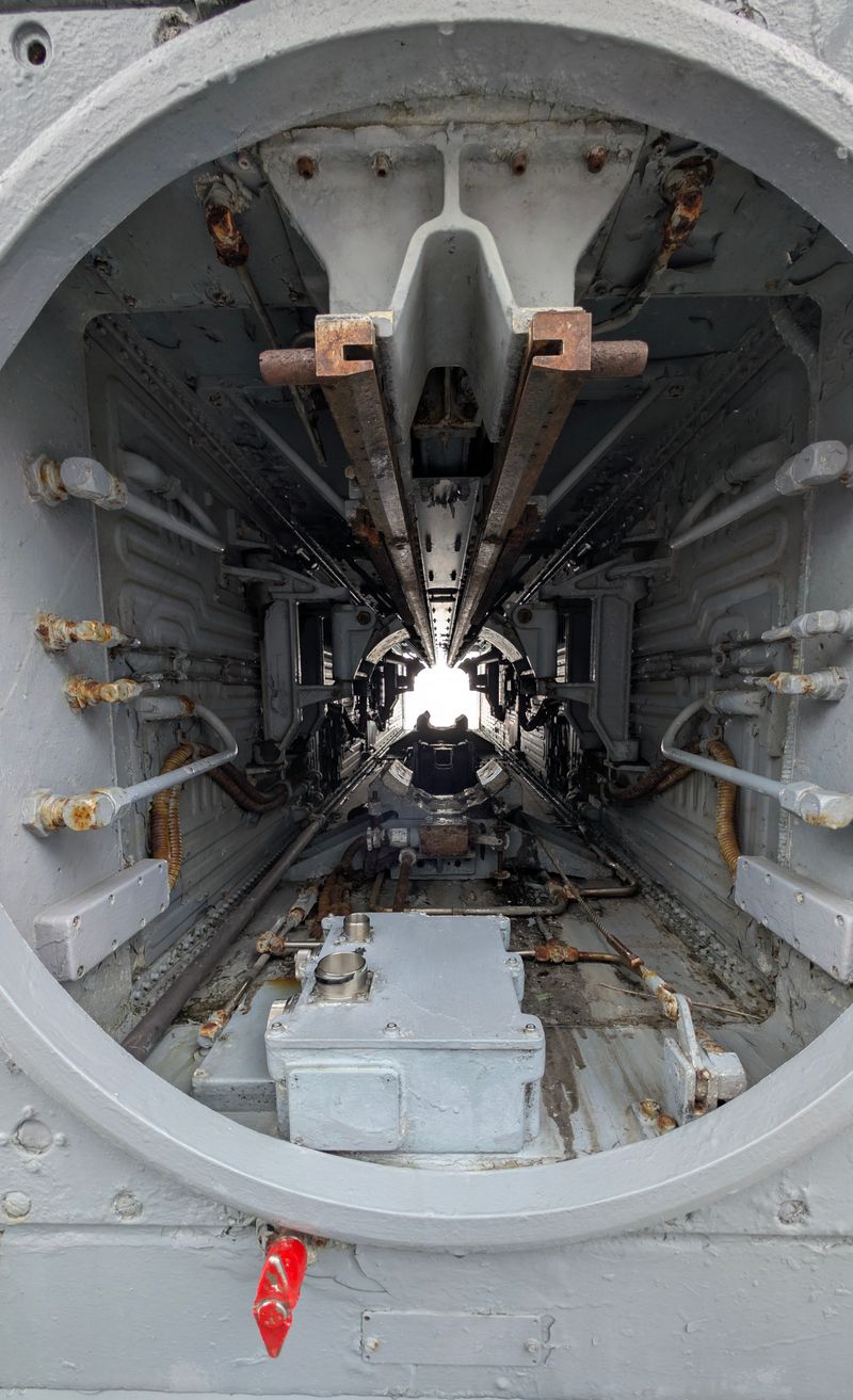 Detailed view of a naval mechanical structure aboard a vessel