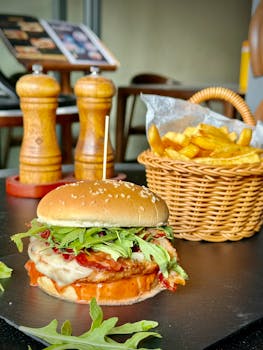 Mouthwatering cheeseburger topped with arugula and a side of crispy fries in Ho Chi Minh cafe.