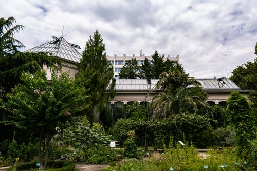 Free A vibrant botanical garden in front of a greenhouse, set against a cloudy sky. Stock Photo