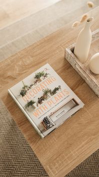 A home living room scene with a book on decorating with plants, exuding minimalist style.. pexels, home, living