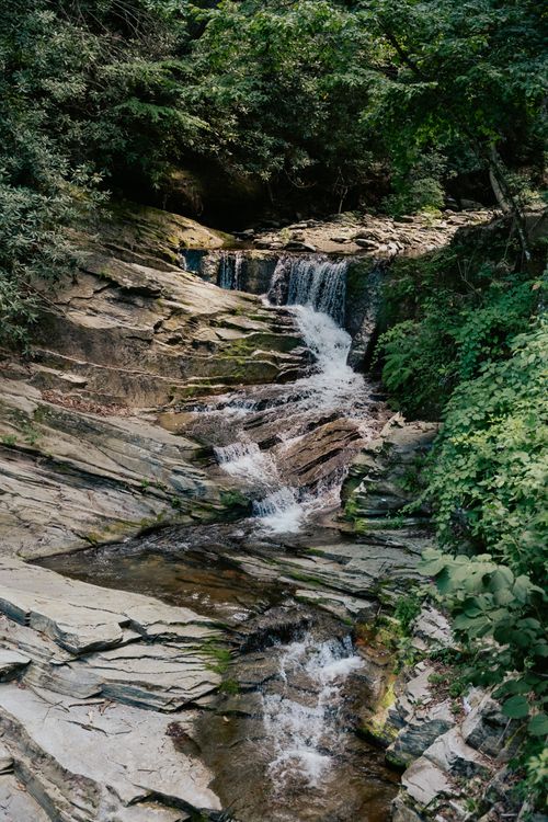 Free Tranquil forest setting with cascading waterfall and lush greenery, ideal for nature themes. Stock Photo