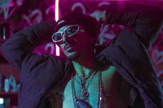 Fashionable man with glasses and jewelry posing in vibrant neon lighting.